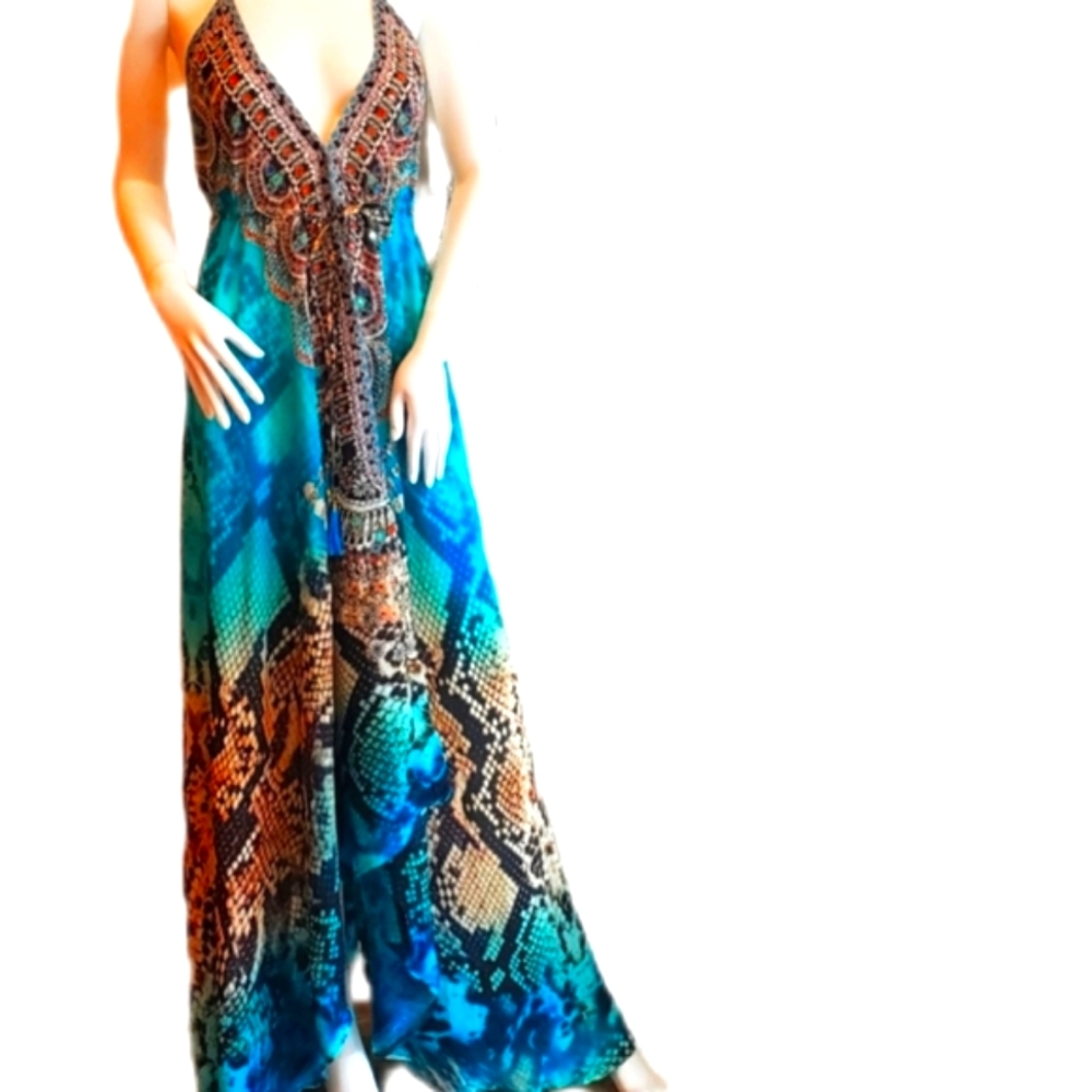*LAST ONE***MANISH VAID Jquad-Turqouise Python Cry.Emb. Hi-Lo Dress NWT OS